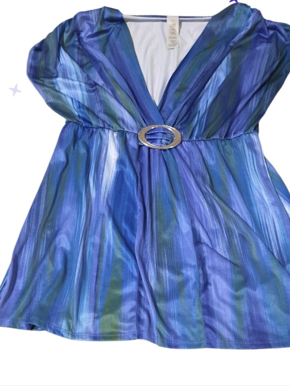 Lg Blue Striped V-Neck Tunic with Waist Accent